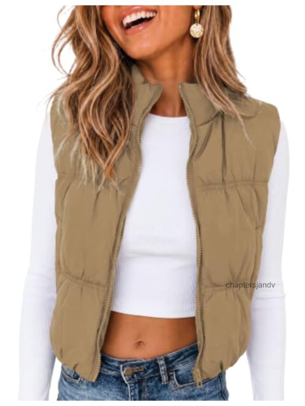 Womens Cropped Puffer Vest Zip Up Stand Collar Lightweight Sleeveless Padded